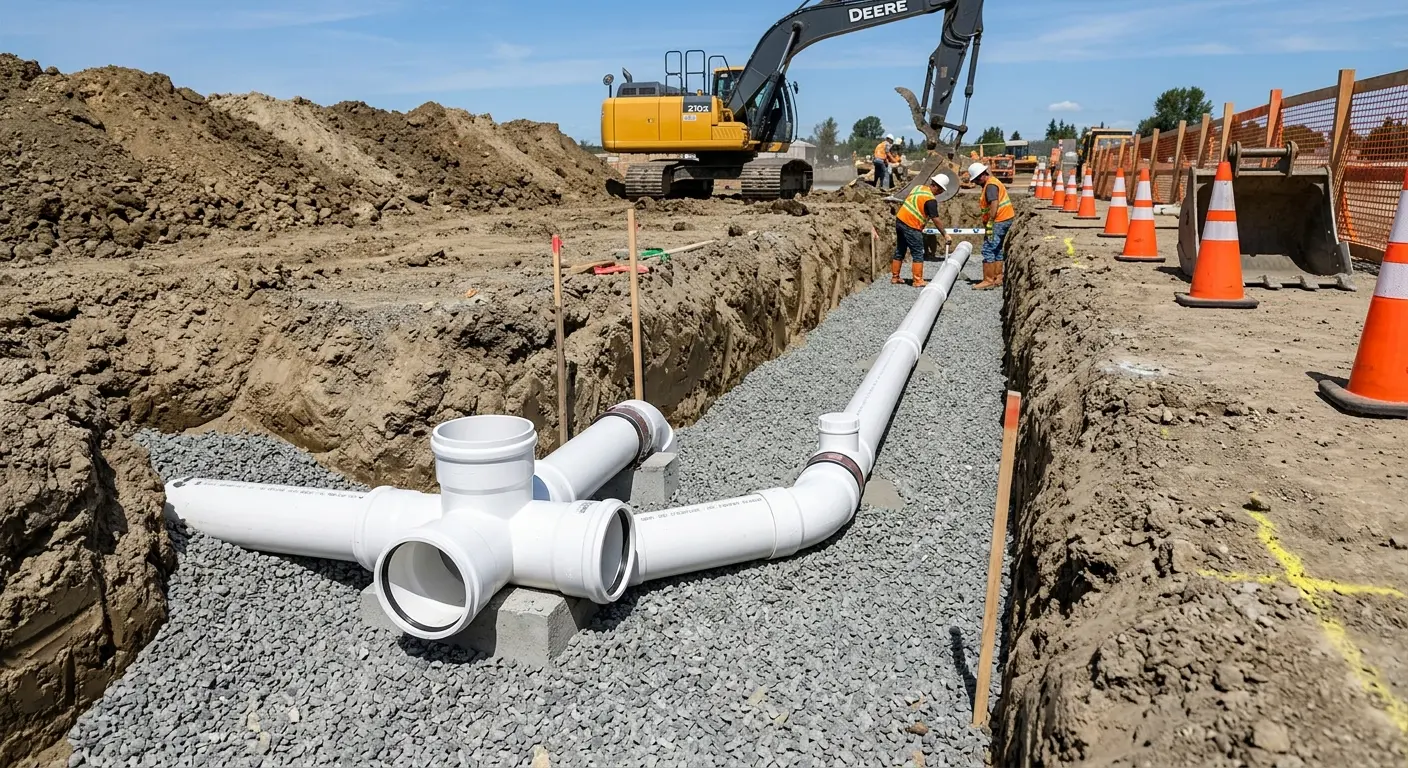 New PVC sewer pipe installation in open trench for Sewer Backup in Arvin