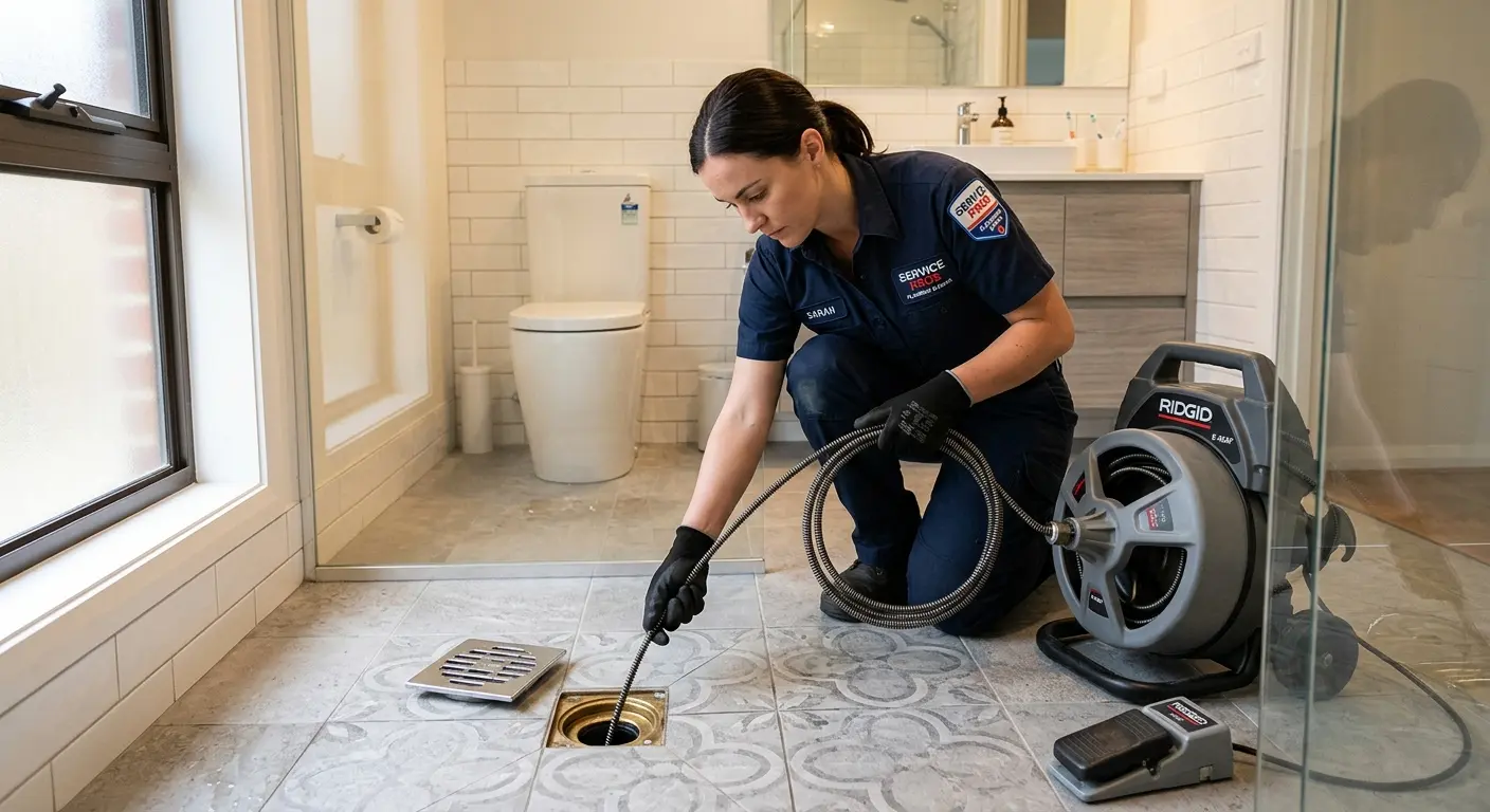 Technician clearing a bathroom floor drain for Sewer Line Replacement in Arvin
